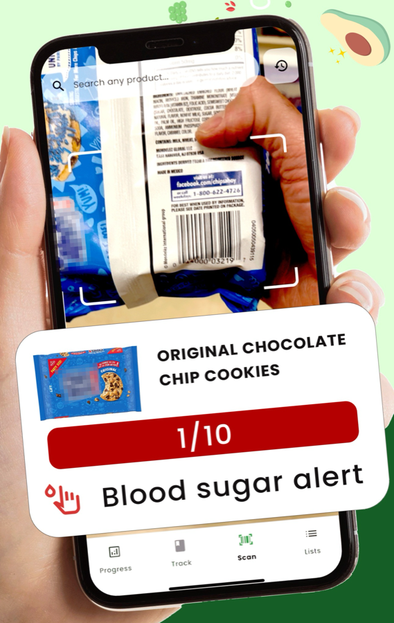 GoCoCo scanning chocolate chip cookies: 1/10, blood sugar alert