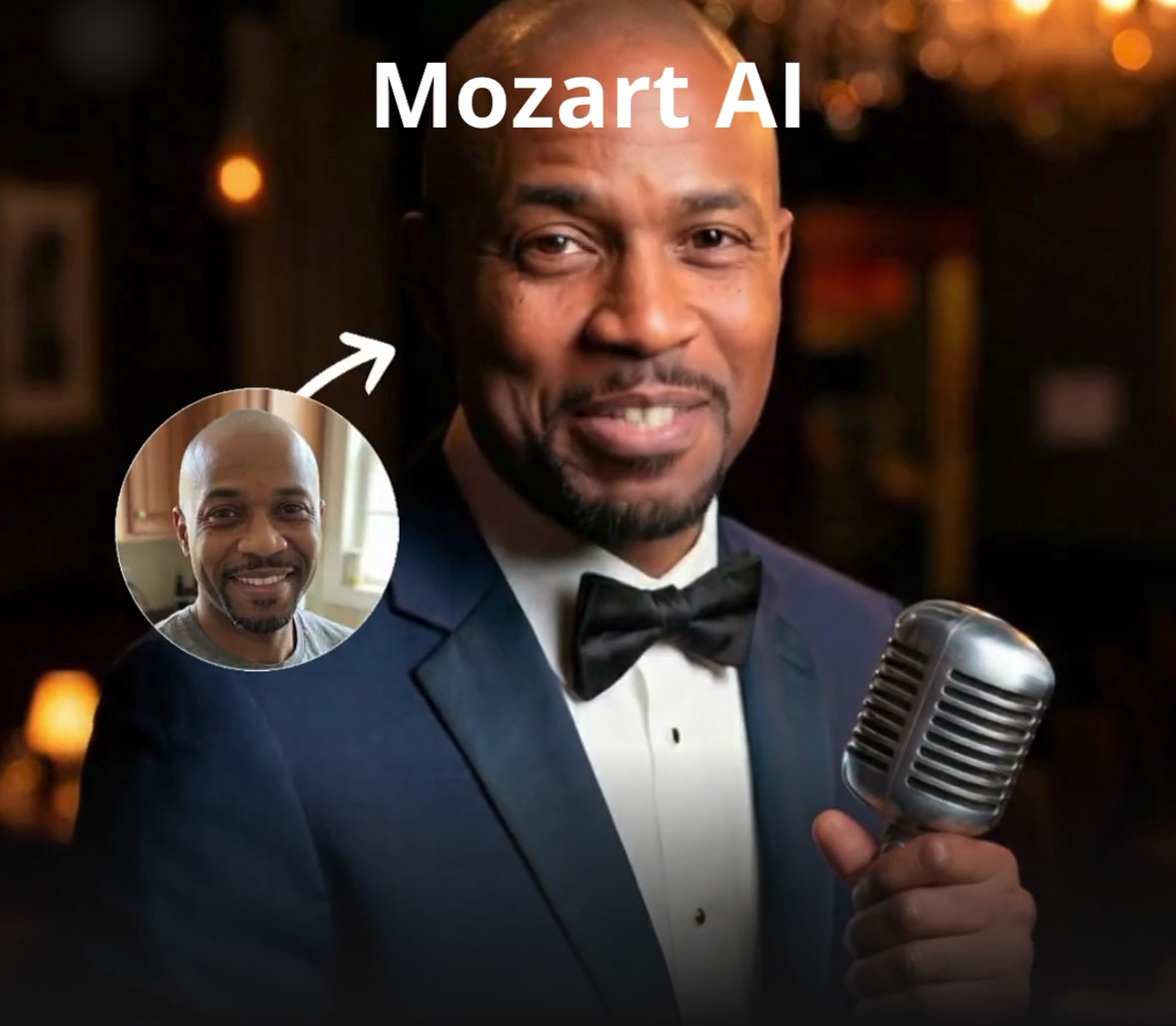 Mozart AI: a singer in a tuxedo with a microphone, and the selfie it was made from
