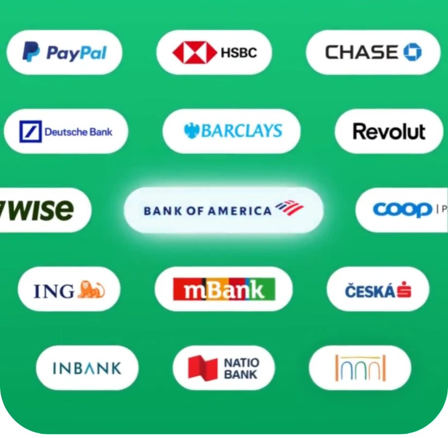Supported banks: PayPal, HSBC, Chase, Deutsche Bank, Barclays, Revolut, Wise, Bank of America, ING, mBank, Česká spořitelna and more